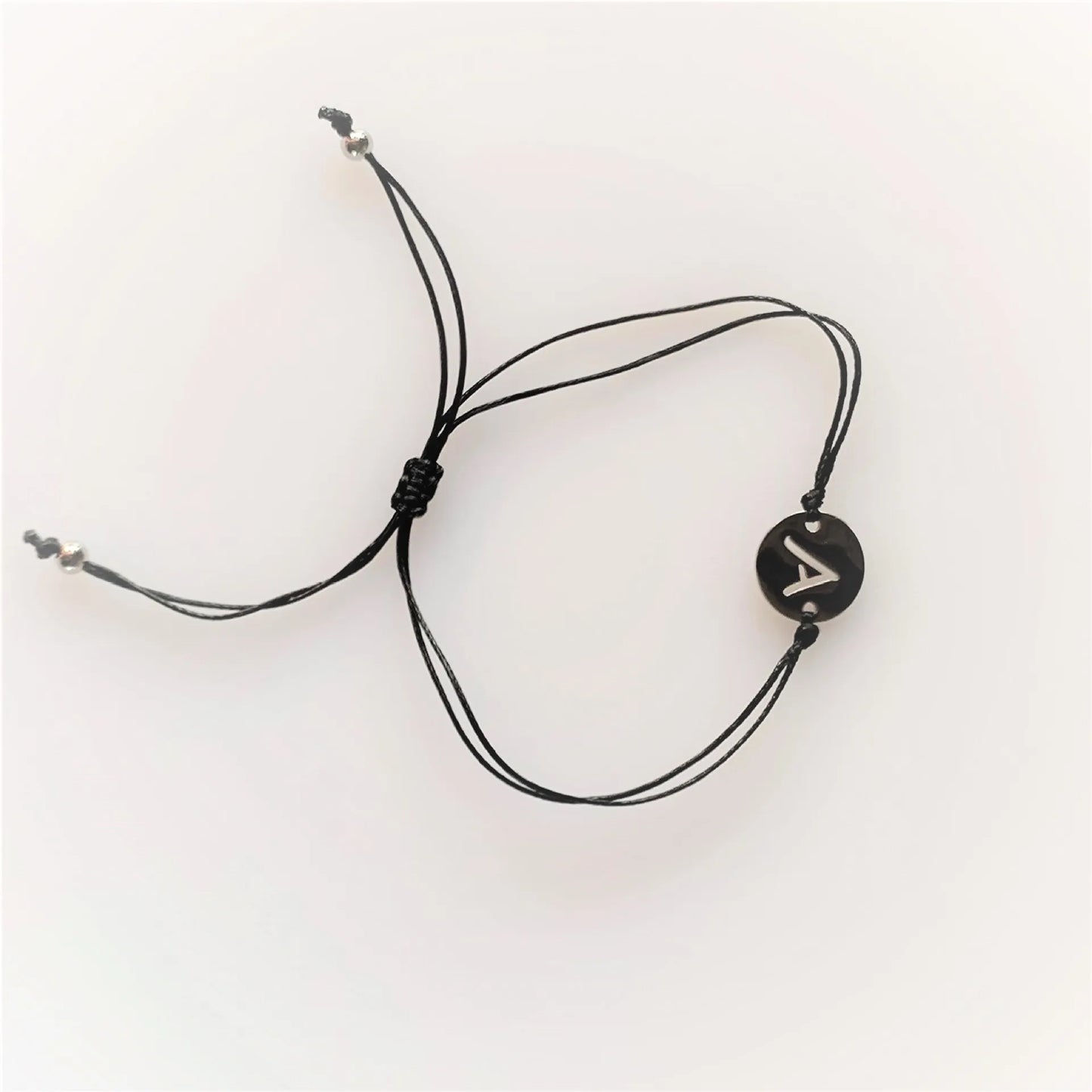 Custom Handmade Jewelry Adjustable Black Rope String Cord Bracelet Stainless Steel Alphabet Initial Letter Charm Card Bracele