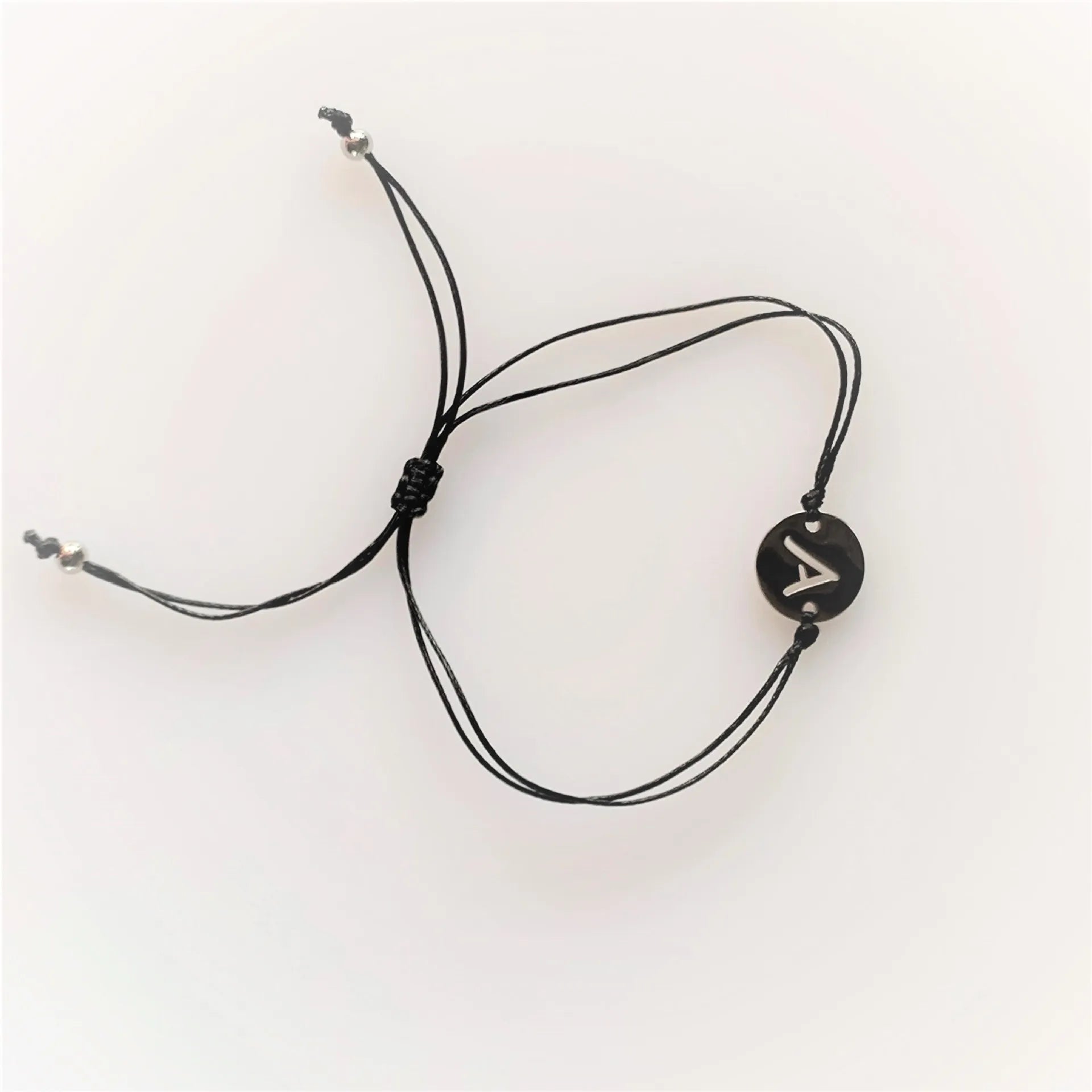 Custom Handmade Jewelry Adjustable Black Rope String Cord Bracelet Stainless Steel Alphabet Initial Letter Charm Card Bracele