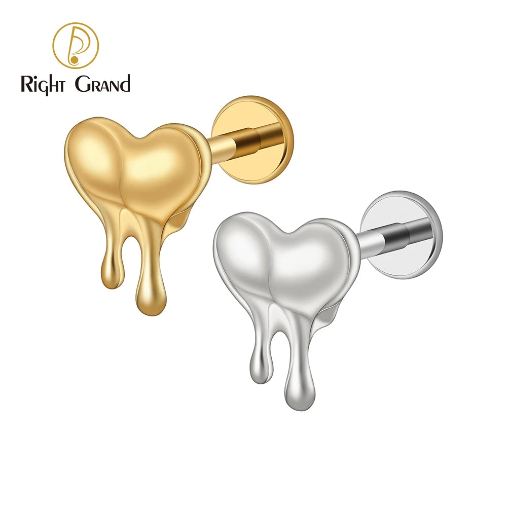 ASTM F136 Titanium 16G Melting Heart Earring Love Molten Heart Ear Tragus PVD Gold Plated Labret Piercing Jewelry