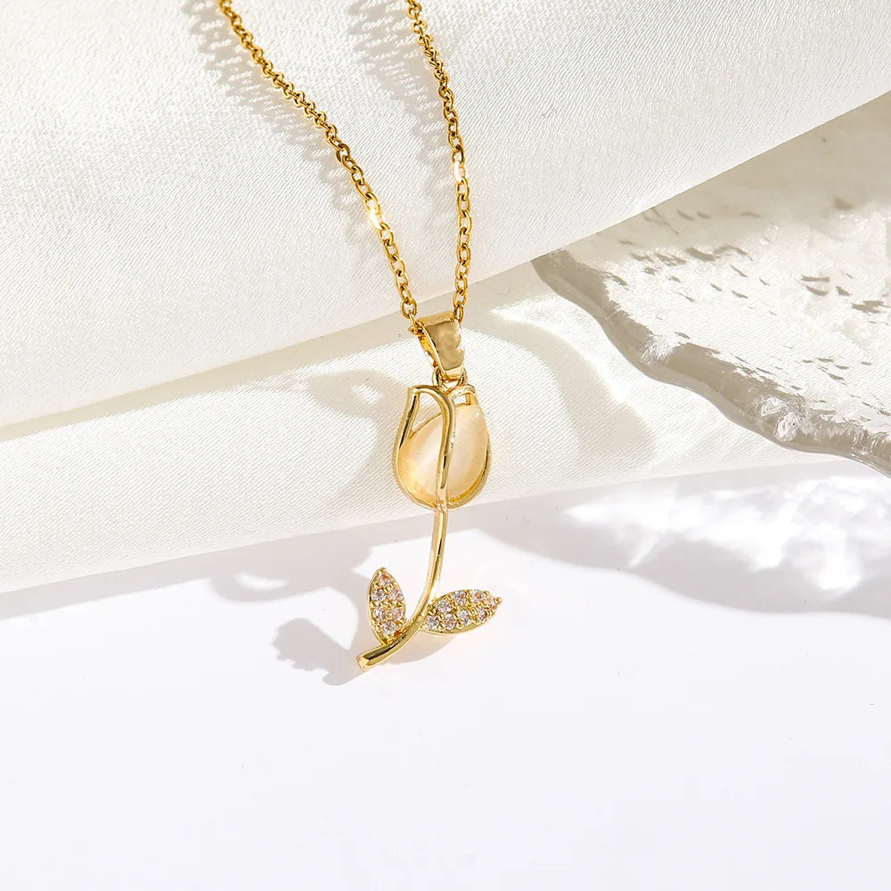 Fashion Jewelry Opal Tulip Necklace Non Tarnish Stainless Steel 18K Gold Plated Zircon Flower Necklaces for Women