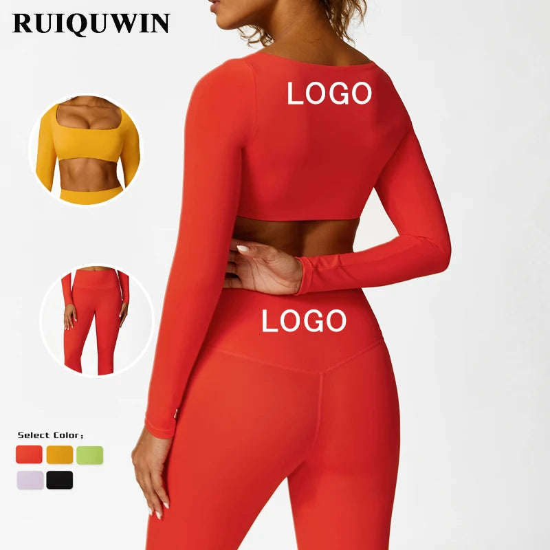 RUIQUWIN Factory Wholesale Custom Long Sleeve Yoga Top High Waist Yoga Pants Leggings Two Piece for Gym Wear Women Sets