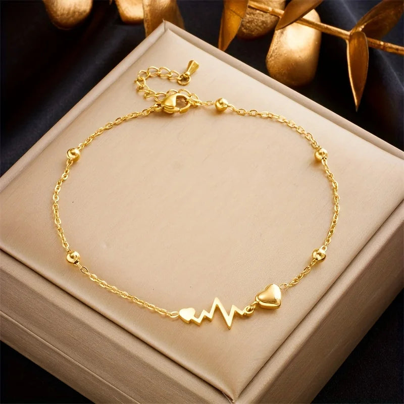 Factory Wholesale Elegant Ekg Heart 18k Gold Plated Anklet Bracelet Fashion Stainless Steel Charm Bracelet Anklet for Women G
