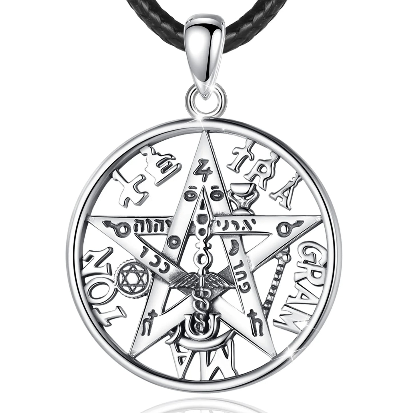 Hollow Out Round Shaped 925 Sterling Silver Jewelry Tetragrammaton Pentagram Amulet Pendant Necklace for Men