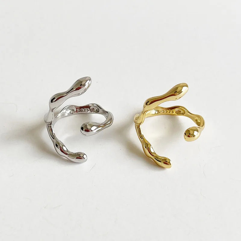 100% Real 925 Sterling Silver Irregular C Shape Adjustable Ring for Women Wholesale In-Stock