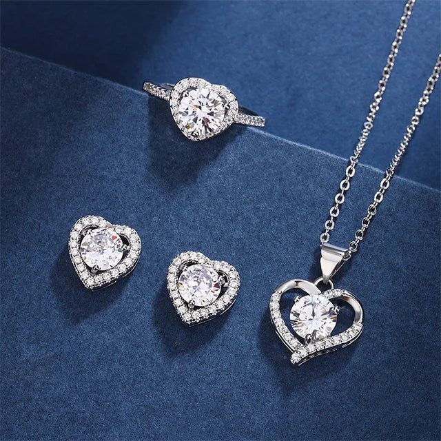 Creative High-end Heart-shaped Hollow Inlaid Mosonite Necklace Ring Earring Jewelry Set