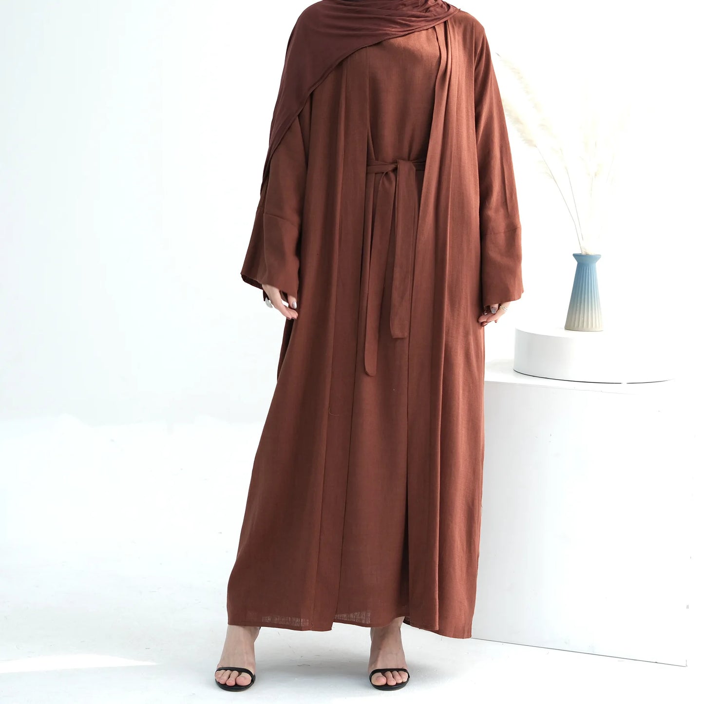 Cool Summer Suit Thin Linen Abaya Two Piece Muslim Long Robe Islamic Dubai Open Abaya