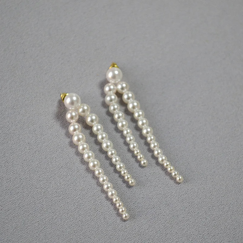 2024 New French Elegant Long Pearl Earrings 925 Sterling Silver Needle Pearls Line Drop Earrings for Women 6cm