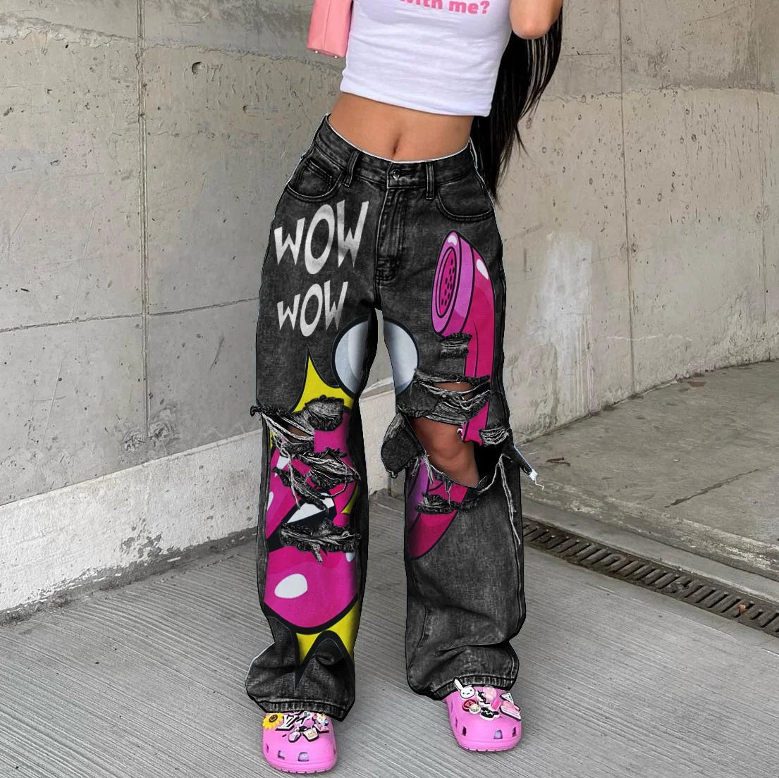 King Mcgreen Star High Waist Perforated Ragged Edge Wide Leg Pants Women Long Jeans Women High Street Style Jeans