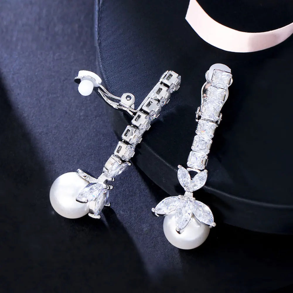 Sparking White CZ Elegant Flower Pearl Pendant Long Non Pierced No Ear Hole Ear Clip on Earrings for Women Wedding Dress Jewe