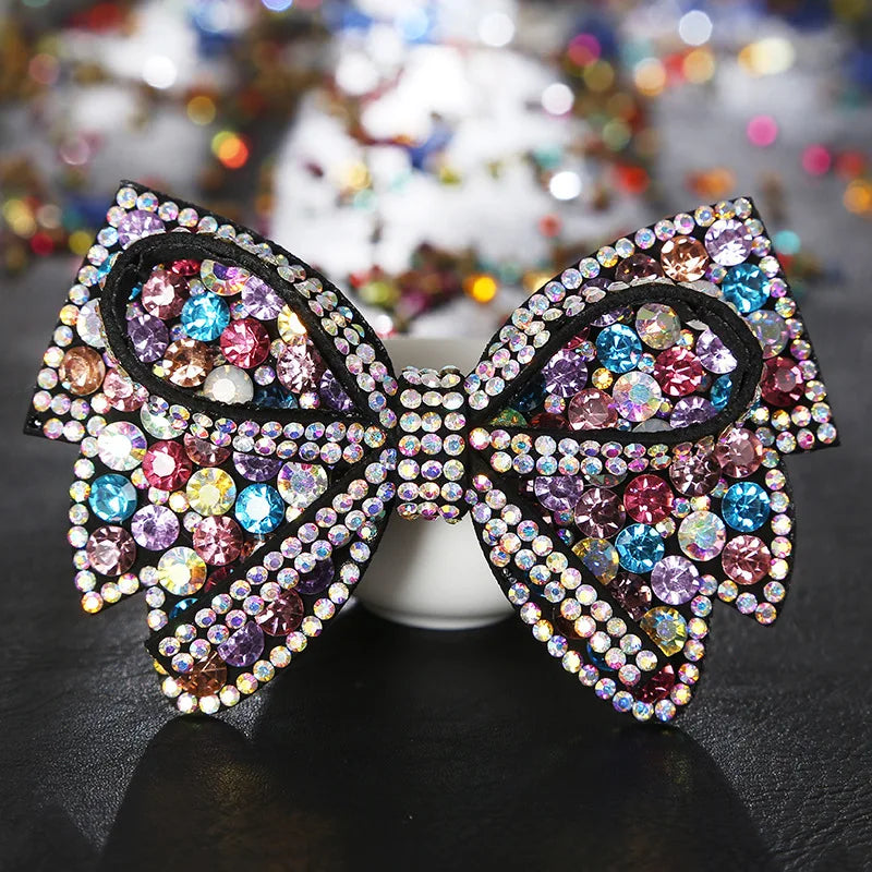 HX-322 Crystal Bow Shape Hair Clips Colorful Rhinestone Hairclip Barrettes Fashion PU Flower Hair Accessories for Girls