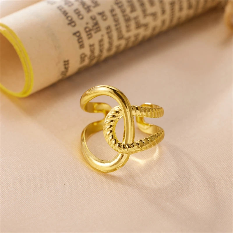 Vintage Adjustable Stainless Steel Ring for Women 18K Gold Plated Cross Knot Geometric Opening Trendy Style