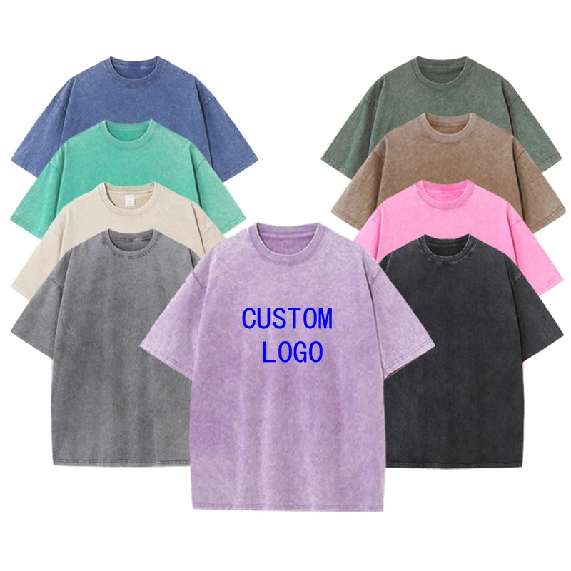Custom Cotton With Logo Stone Men  Distressed T-shirt Tshirt Dtg Print Oversize Black Custom Vintage Acid Wash t Shirt