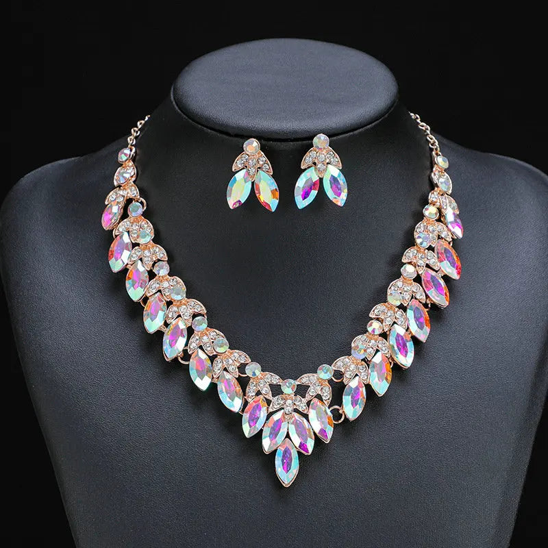 QS European and America Retro Exaggerated Necklace Earrings Set Crystal Gemstone Choker Wedding Jewelry Set for Women