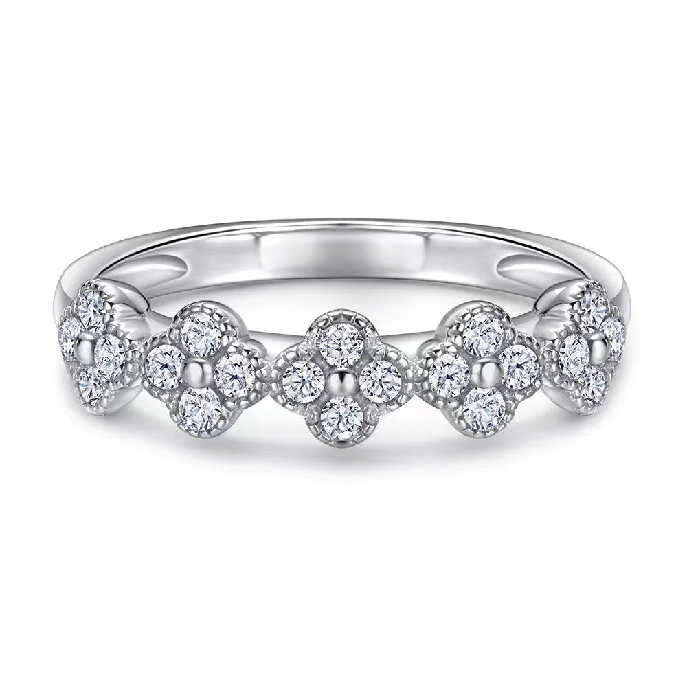 Women 925 Sterling Silver Rings Set Featuring 2ct Moissanite Full Eternity Band Pear Cut CZ Lab Grown Ruby Gold Plated Four Leaf