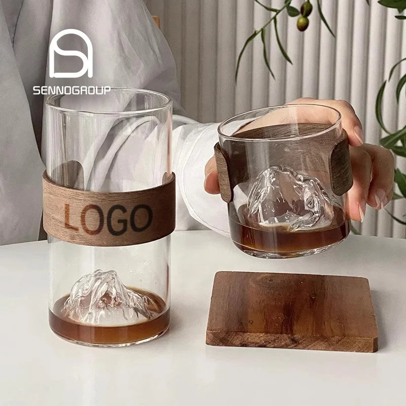 Custom Logo High Borosilicate Whiskey Glasses Mountain Coffee Mug Drinking Cup With Wooden Sleeve for Tea Latte Americano