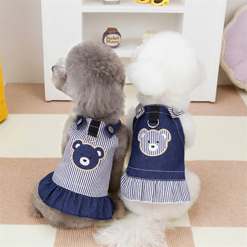 JXANRY Pet Dog Cat Dress Spring Summer New Product Yarn-Dyed Denim Strip Polyester Cute Strap Denim Bear Traction Skirt