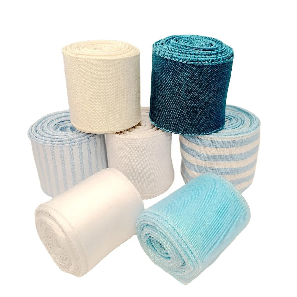 OEM 2.5 Inch Polyester Floral Metallic Linen Blue White Wire Edge Ribbons for DIY Bows Christmas Decoration