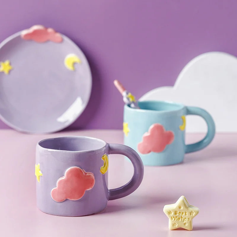 Modern Korean Style Mug Hand-Painted Star Moon Design White Ceramic Coffee Cup Embossed Cloud Saucer Daily Use Presented Whit