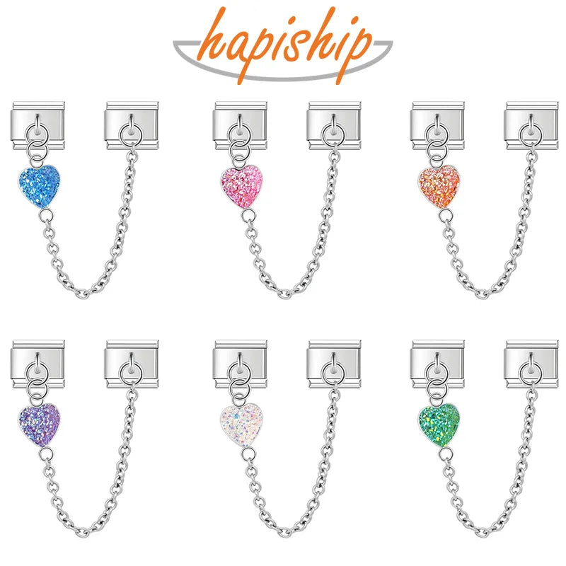 Hapiship Original Design Sweet Romantic Heart Chain Link Italian Charm Fit 9mm Bracelet Stainless Steel Making Jewelry DJ285