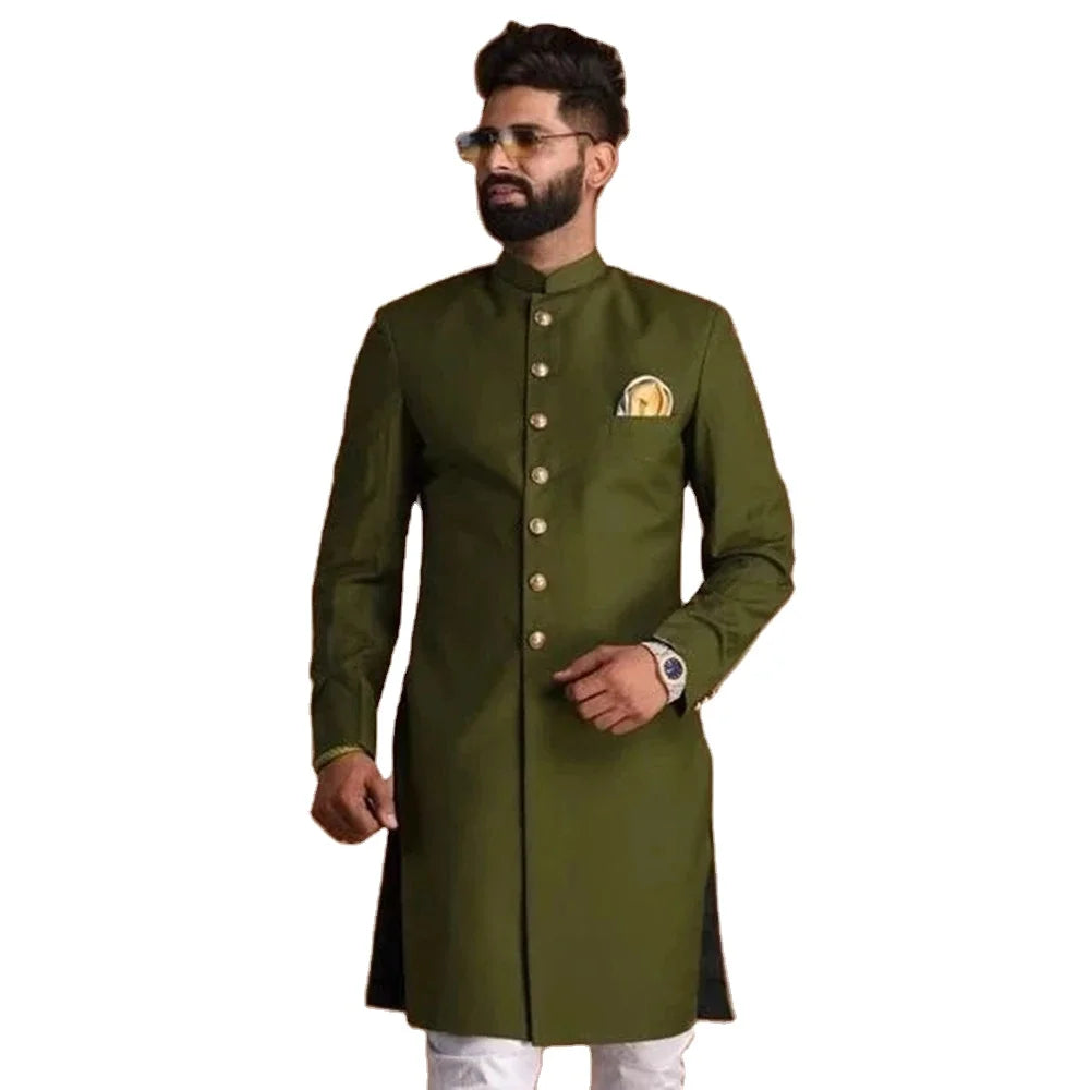 Green Mens Suits Long Jackets Overcoat With White Trousers 2 Pieces Luxury Banquet Party Dress Costume Homme Wedding