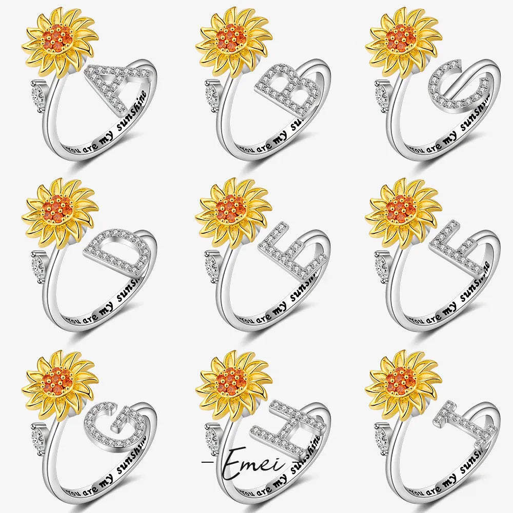 New You Are My Sunshine Rotatable Fidget Sunflower Initial Letter Spiring Ring Silvejewelryang 3 Pcs Copper Alloy Micro Inser