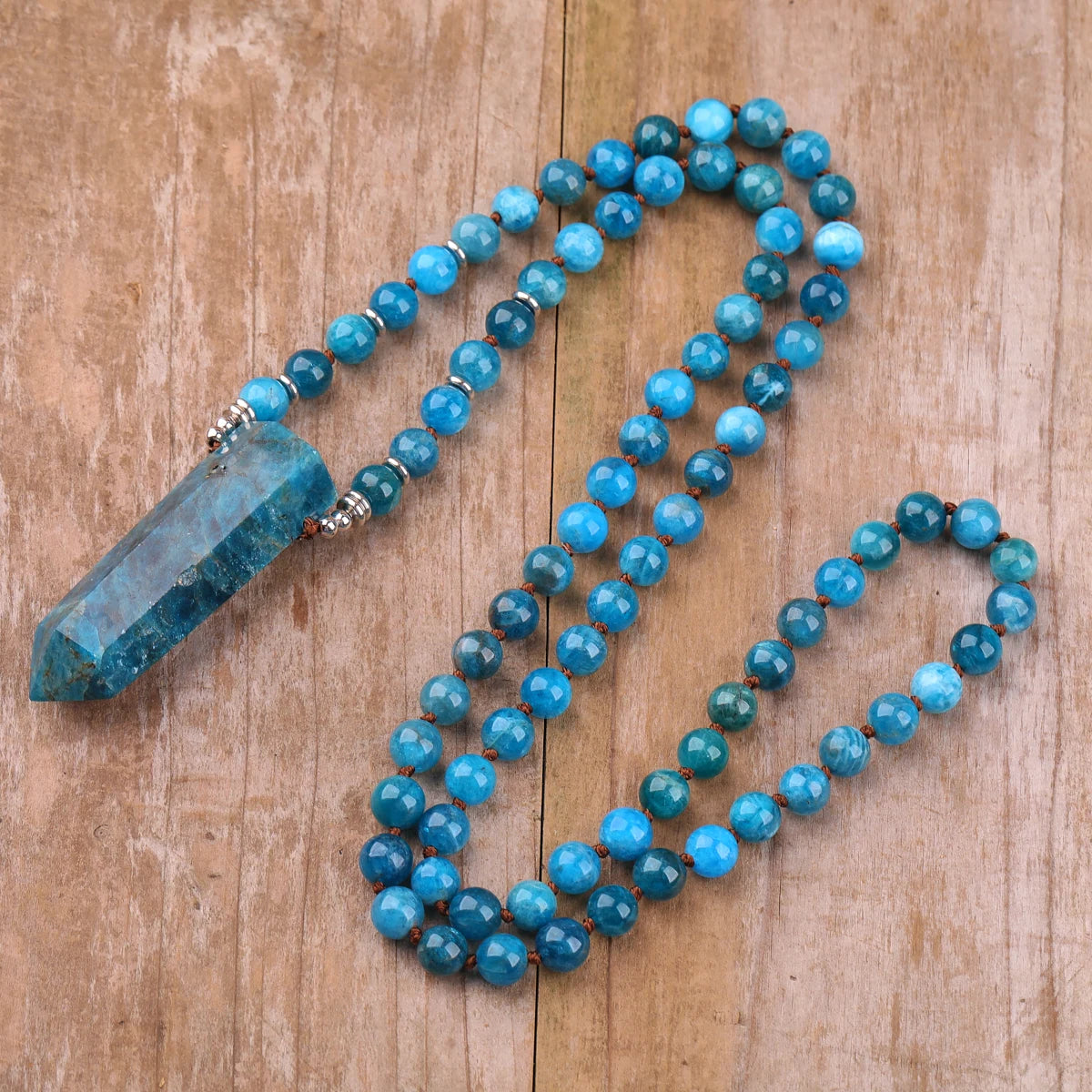 Natural Blue Apatite Mala Necklace for Men Jewelry  Healing Crystal Hexagon Point Prayer Necklaces Gift