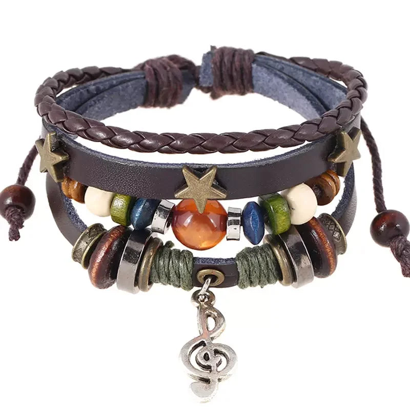 Handmade Beaded Genuine Leather Music Symbol Pendant Bracelet Wholesale Personalized Fashion Charm Accessories for Men Women