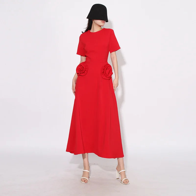 2024 Spring Summer Fashionable Solid Color Waist Slimming Long Dress New Style Neck Stylish Flower Splicing Design Natural