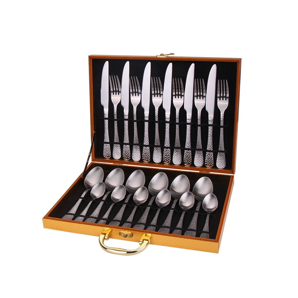 24pcs Set Hammer Point Utensil Fork Knife Spoon Black Gold Flatware Stainless Steel Cutlery With Box for Gift Wedding