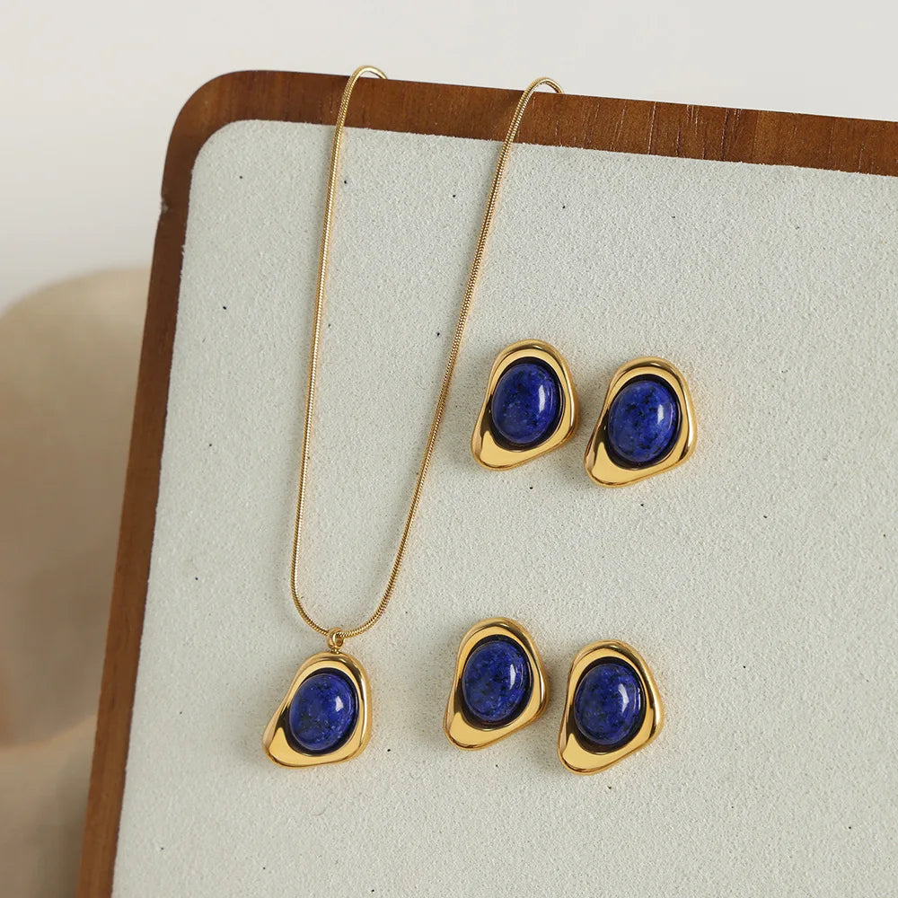 Chic Minimalist Triangular Natural Stone Pendant Necklace Earrings Sets Non Tarnish Gold Plated Stainless Steel Jewelry Set