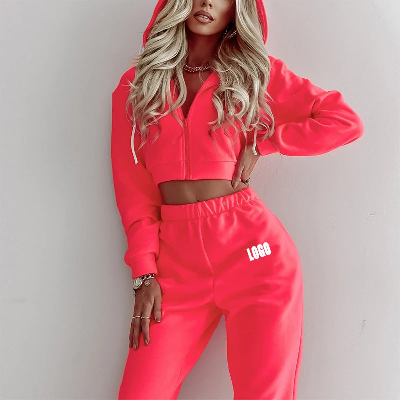 L800870 Custom 2 Piece Zipper Hoodie Set Women Sweatpants and Hoodie Set Cropped Zip up Hoodies and Sweat Pants Set for Women