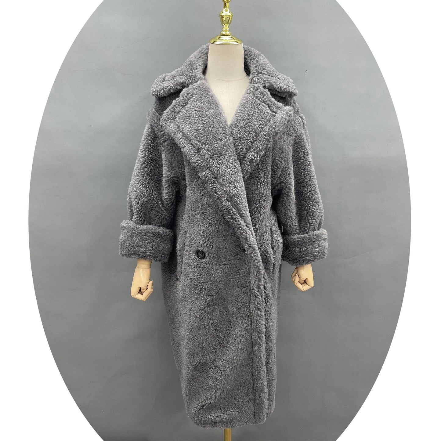 2022 New Design Handmade 100% Lamb Fur Coat Women Classic Teddy Bear Shearing Coat Long Trench Coat