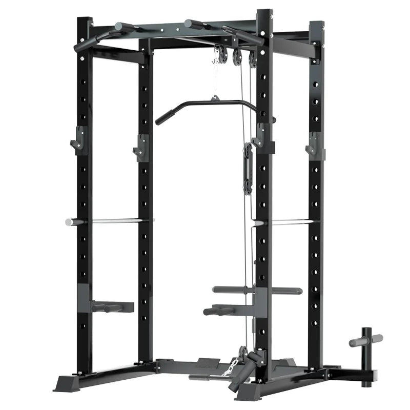 Multi-Function Adjustable Power Cage with J-Hooks Safety Straps and Optional LAT Pulldown Attachment and Cable Crossover
