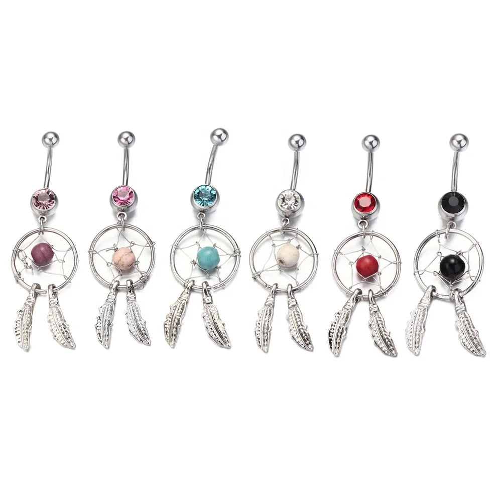 Stainless Steel Turquoise Dream Catcher Navel Ring Pendant Umbilical Nail Navel Puncture Women Girl Body Jewelry Wholesale
