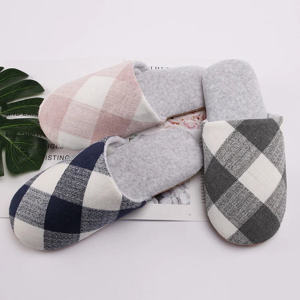 Four Seasons Woman Men Couple Plaid  Fabric Quiet Soft Sole Home Indoor Slipper