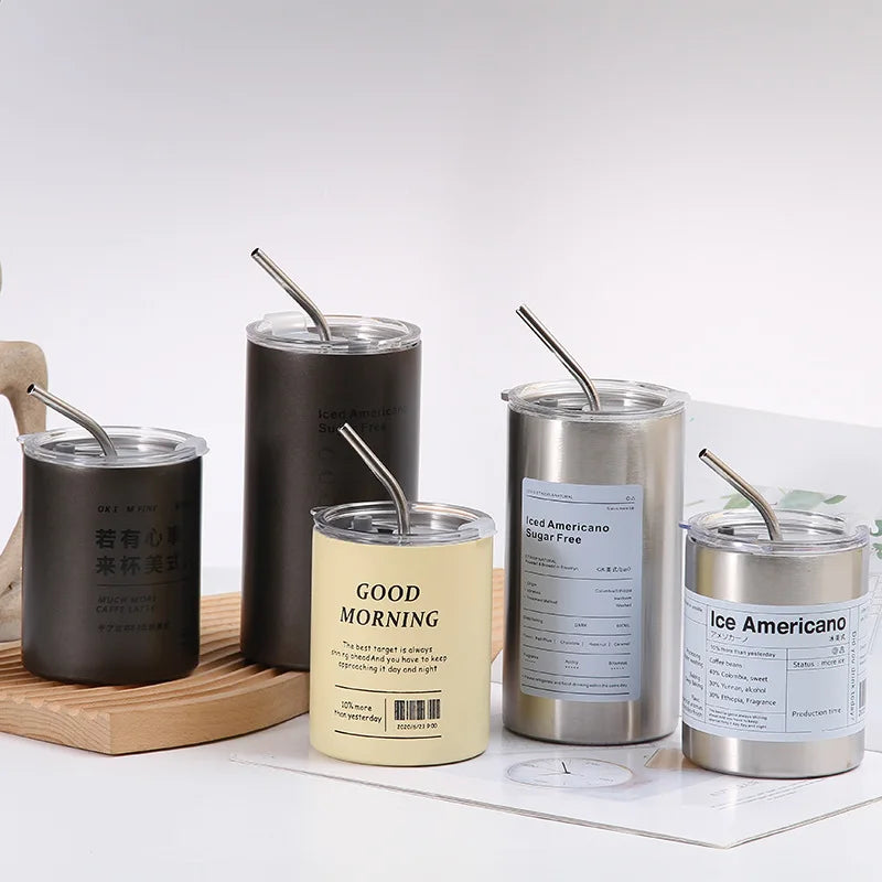 Portable Stainless Steel Americano Iced Tumbler 12/14oz Double Layers Vacuum Straw Cup for Home or Couple Use