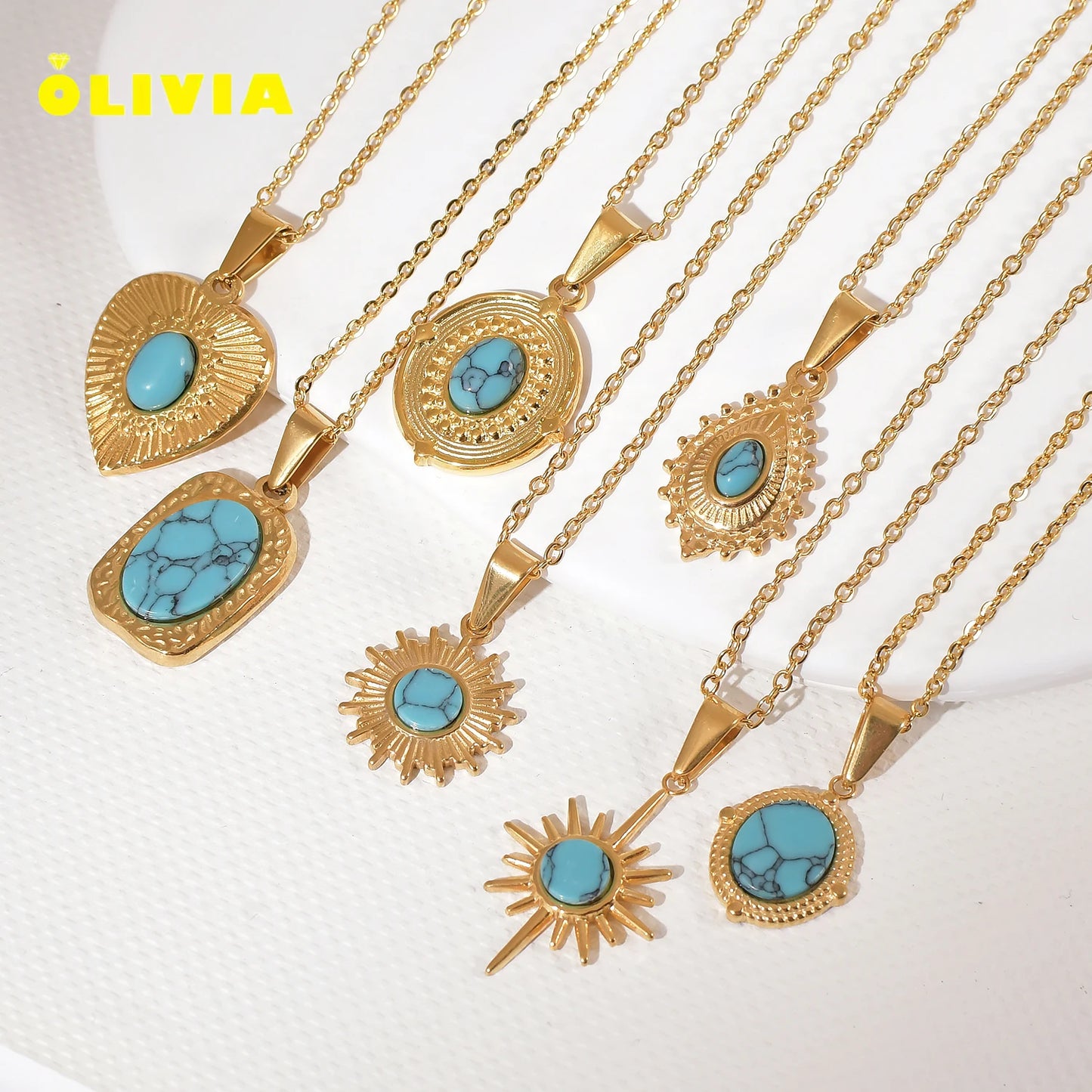 New Arrival Blue Turquoise Necklace Women Men 18k Gold Plated Stainless Steel Natural Sun Heart Stone Gemstone Pendant Neckla