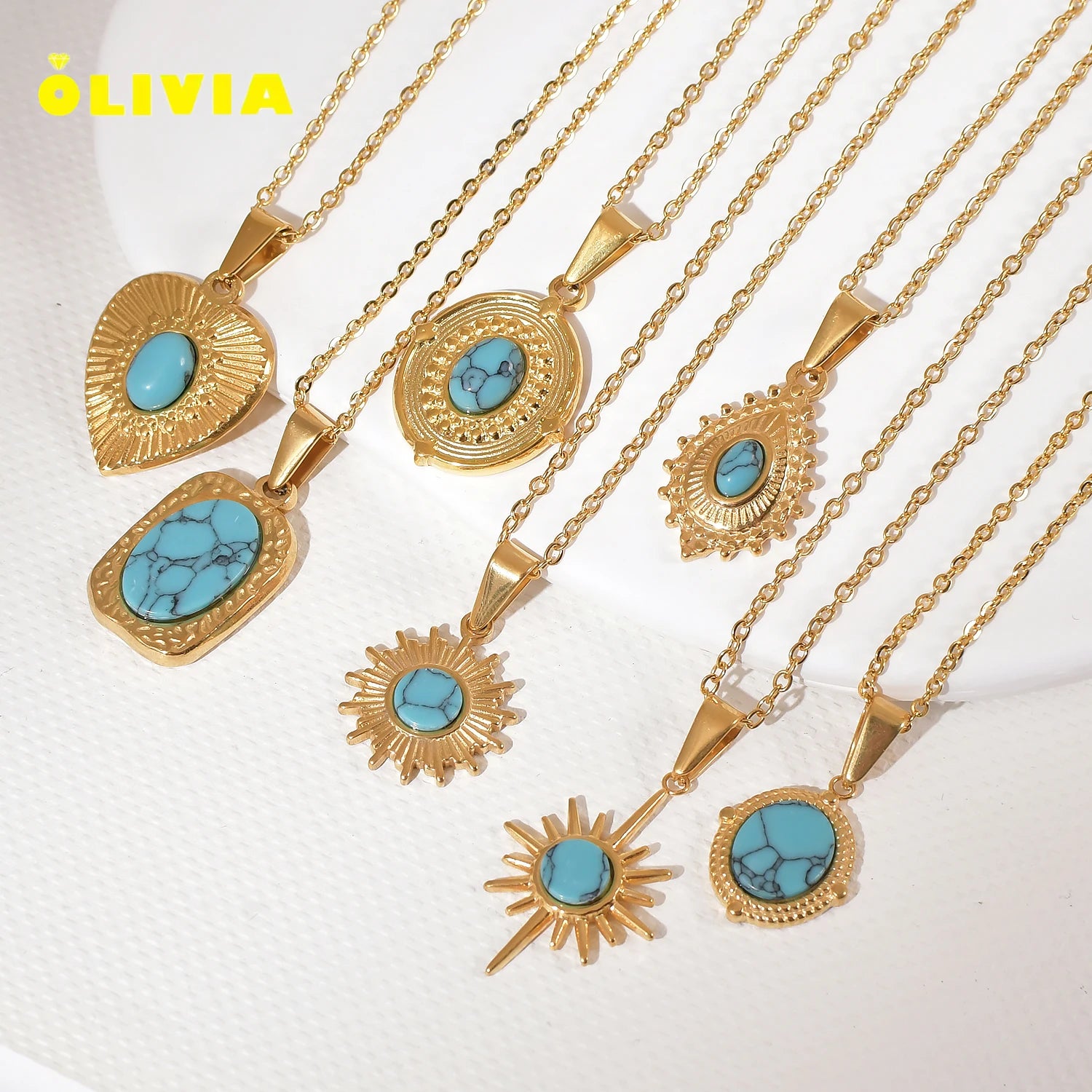 New Arrival Blue Turquoise Necklace Women Men 18k Gold Plated Stainless Steel Natural Sun Heart Stone Gemstone Pendant Neckla