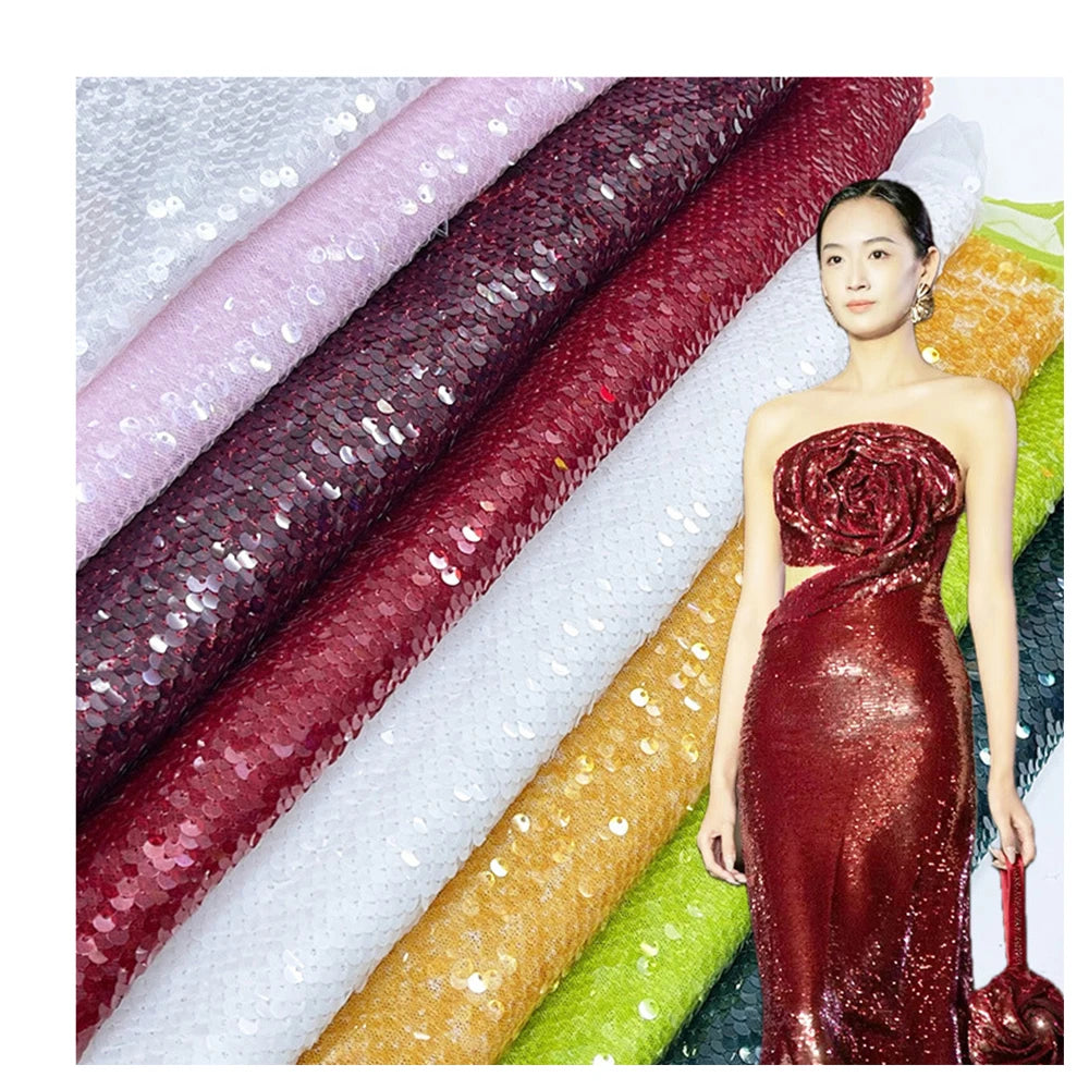 High Density Red Shiny Metallic 5mm Glitter Mesh Embroidery Nude Tulle Lace Fish Scales Irreversible Sequin Fabric Breathable