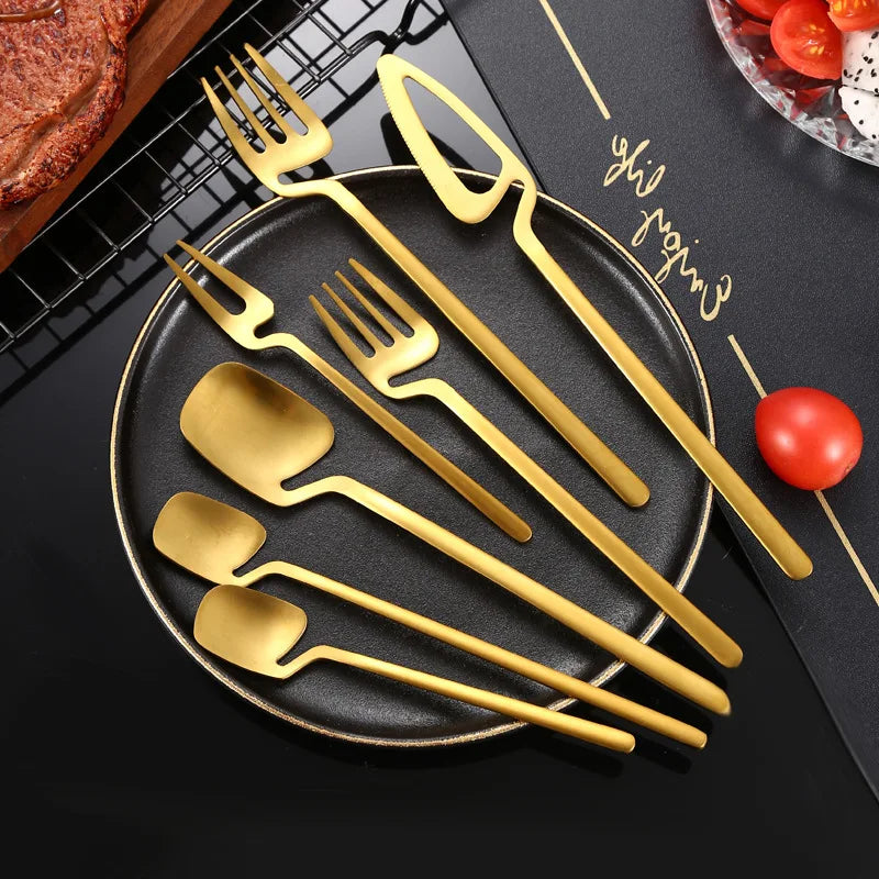 Hanging Cup Stainless Steel Gold Cutlery Set Dessert Spoon Knife Fork Silverware Golden Flatware Set for Wedding