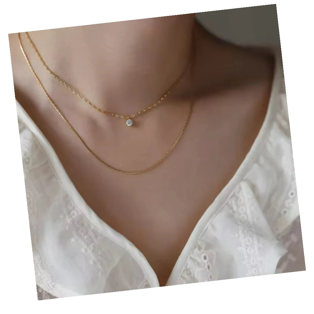 Fashion Stainless Steel Waterproof Jewelry Fine Double Layer Zirconia Gold Filled Charms Necklace for Women