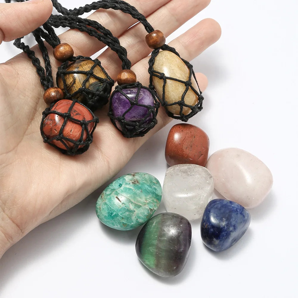 Natural Gemstone Crystal Pendant Necklace Stone Holder Cage Necklace Cord Hand Woven Necklace Interchangeable Crystal Macrame