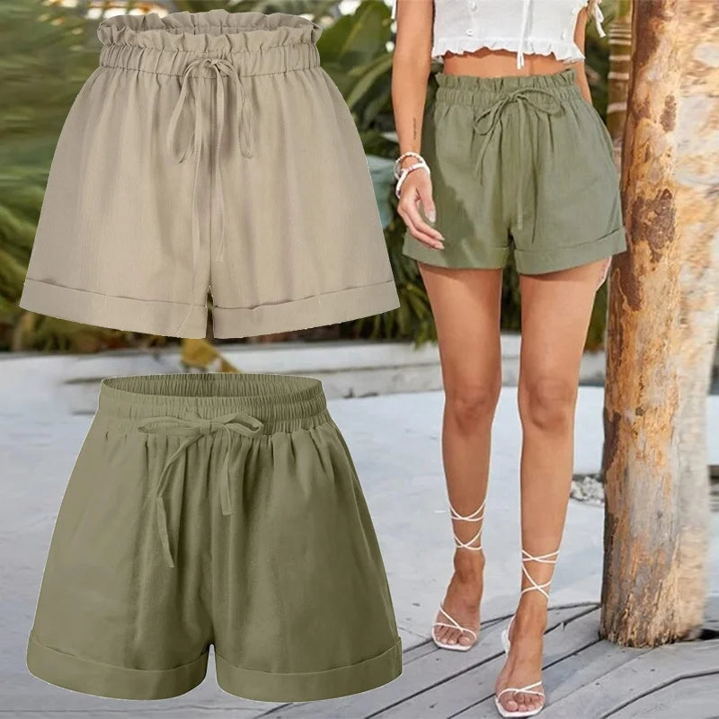 Womens Linen Parachute Shorts Paperbag Waist Ruffle Cropped Pants Drawstring Pocketed Trousers Summer Shorts