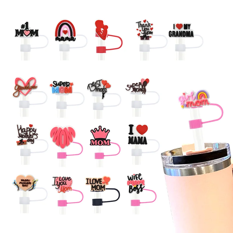 Custom 10mm Straw Topper Cover Mom Mama Silicone PVC Reusable Tumbler Drinking Straw Lids Gifts for Mothers Day