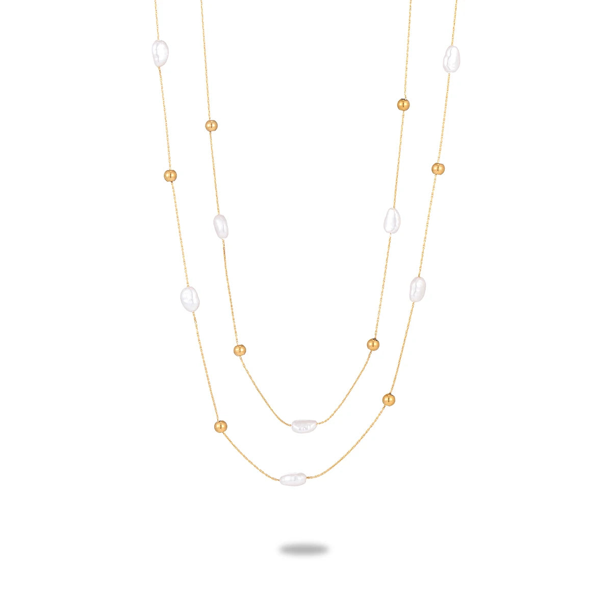 Fashion European-American Style Baroque Pearl Charm Thin Bead Chain Handmade Double Layer Stainless Steel Silver Necklaces