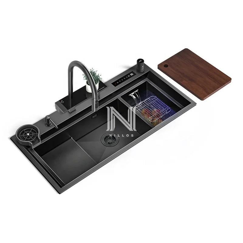 11550N7 Factory Price Multifunctional 304 Stainless Steel Stepped Sink Nano Black Farmhouse Kitchen Sink With Food Disinfecti