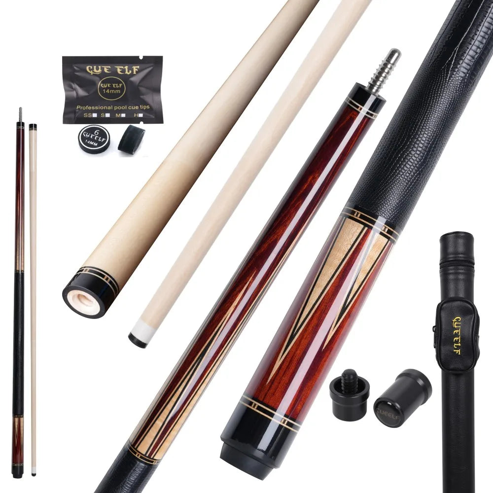 CUEELF Cocobolo Luxury Straight Pool Cue Stick Handmade Inlay with Curly Design Steel Joint Special for Billiard Players