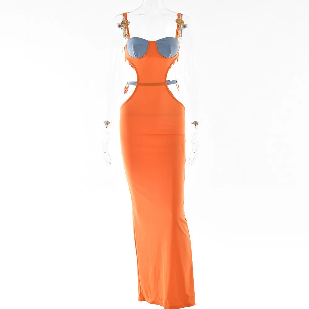 New Contrasting Color Patchwork Suspender Backless A-line Skirt Sexy Open Cut Waist Dress