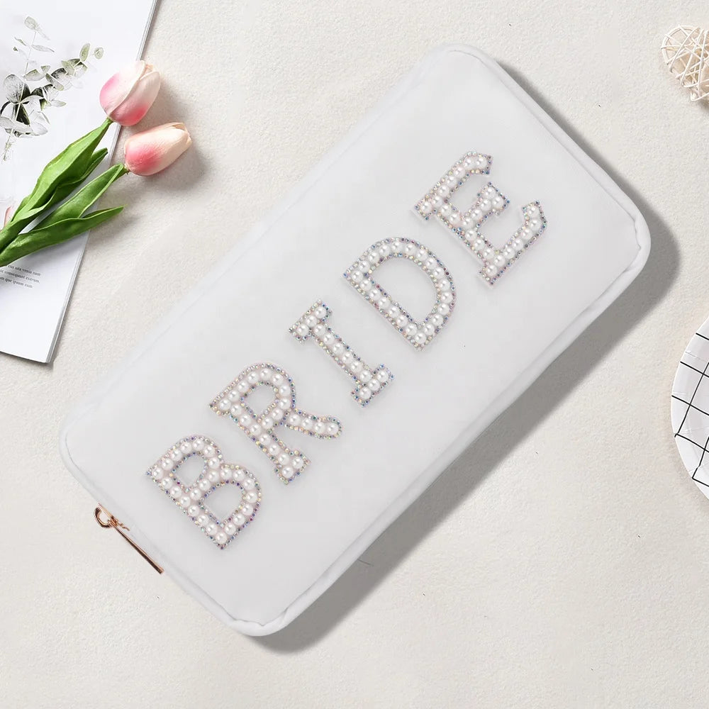 PAFU Bridal Shower Bachelorette Party Favors White Nylon Pearl Patch Bride Pouch Makeup Cosmetic Travel Toiletry Bag