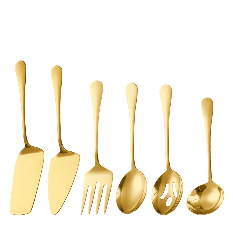 Luxury 6-Piece Flatware Serving Set Gold Stainless Steel Buffet Knife Cake Server Utensils Eco-Friendly Stocked for Home Hote